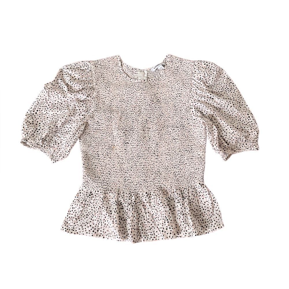 Express Polka Dot Smocked Peplum Top Pink, White, and Black